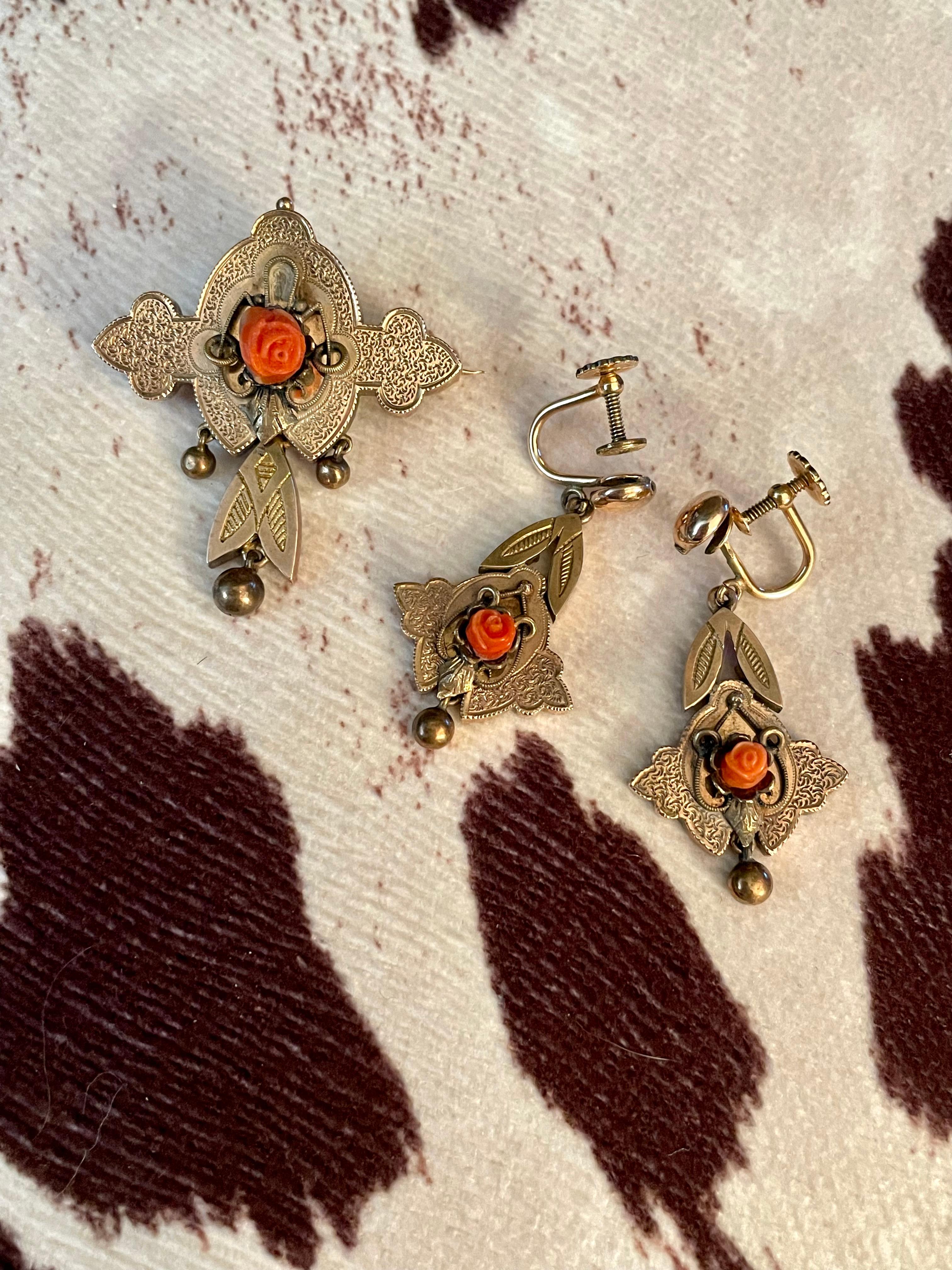 Victorian Coral Brooch/Pedant and Screw Back Drop Earring Gold Filled Set In Good Condition For Sale In St. Louis Park, MN