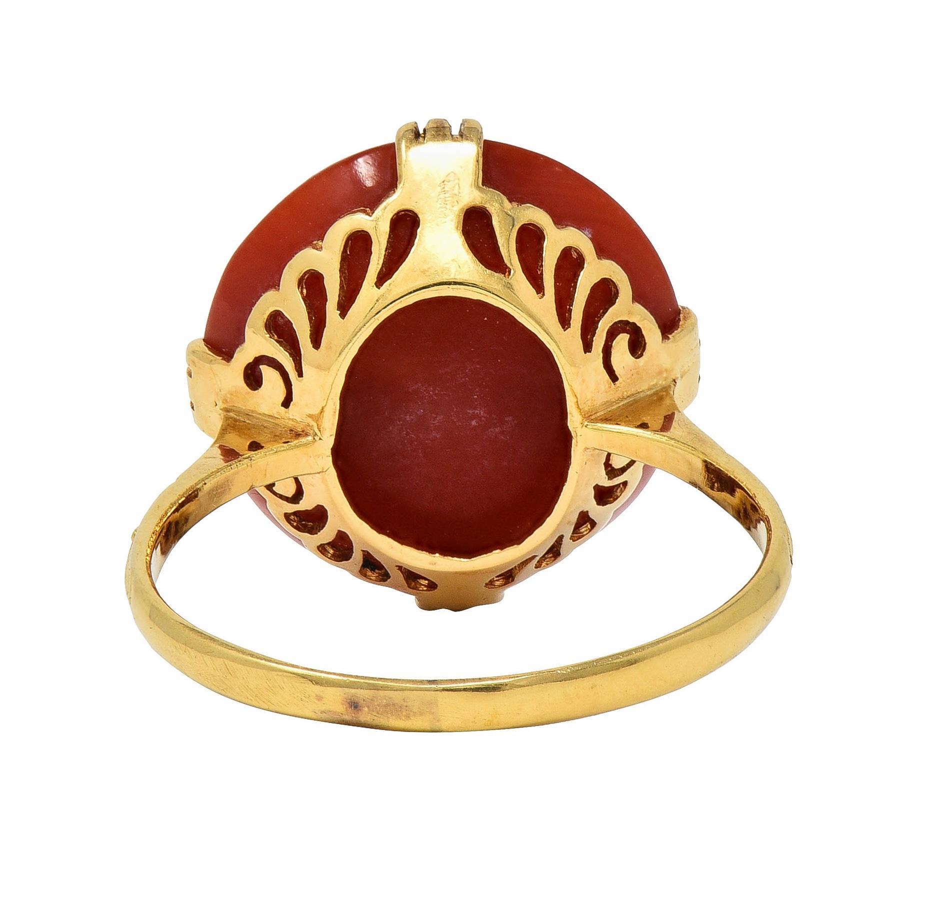 Women's or Men's Victorian Coral Cabochon 18 Karat Yellow Gold Antique Scrolling Gemstone Ring For Sale