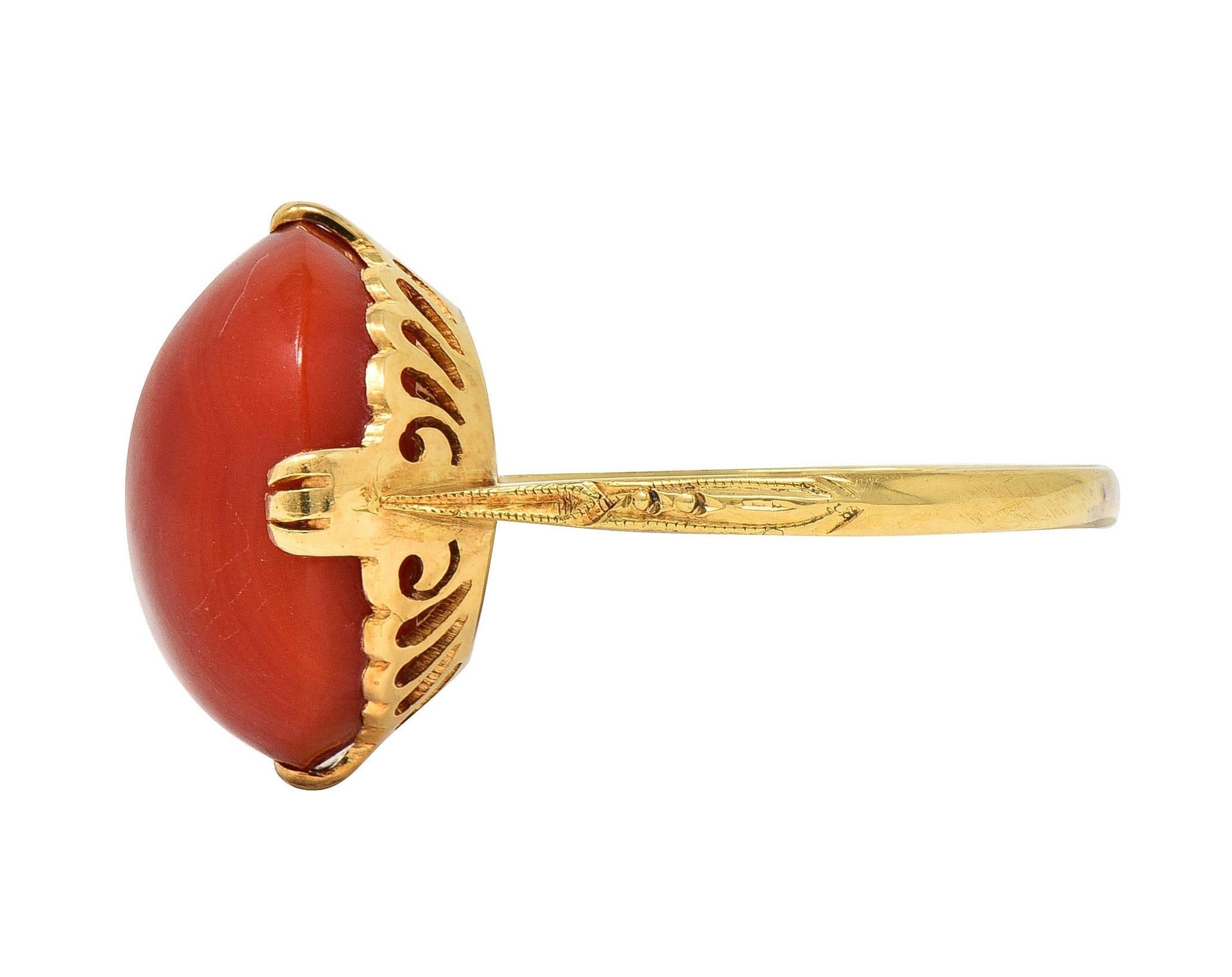 Victorian Coral Cabochon 18 Karat Yellow Gold Antique Scrolling Gemstone Ring For Sale 1