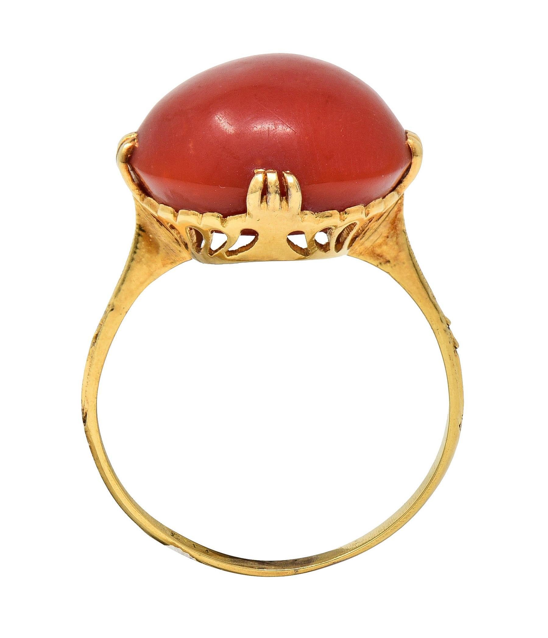 Victorian Coral Cabochon 18 Karat Yellow Gold Antique Scrolling Gemstone Ring For Sale 3
