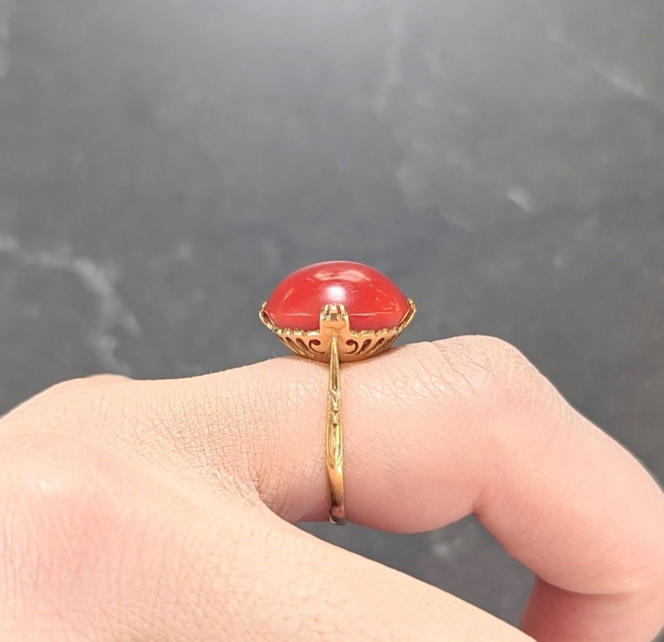 Victorian Coral Cabochon 18 Karat Yellow Gold Antique Scrolling Gemstone Ring For Sale 5