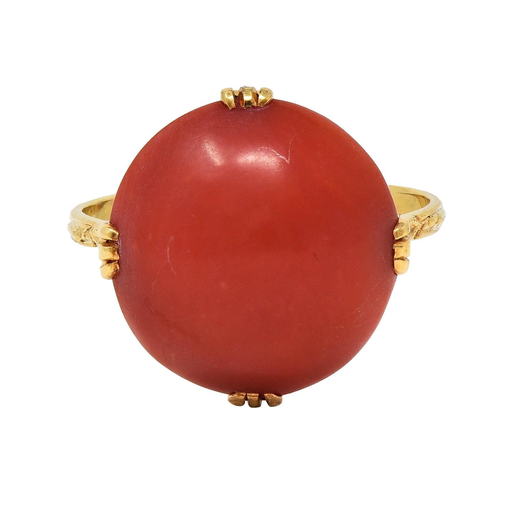 Victorian Coral Cabochon 18 Karat Yellow Gold Antique Scrolling Gemstone Ring For Sale