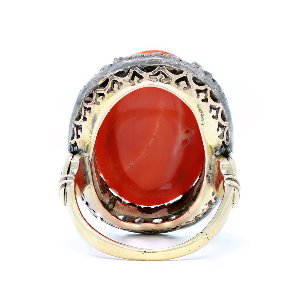 Mixed Cut Vintage Coral Cabochon and Rose Cut Diamond Cocktail Ring in 14k and Silver For Sale