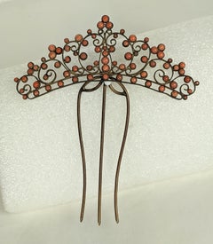 Victorian Coral Cabochon Filigree Comb