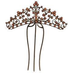 Victorian Coral Cabochon Filigree Comb