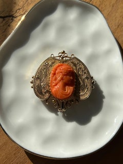 Victorian Coral Cameo 14k Yellow Gold Brooch Circa 1880
