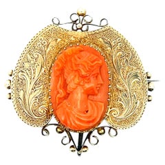 Victorian Coral Cameo 14k Yellow Gold Brooch Circa 1880
