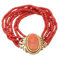 Victorian coral cameo bracelet in 18k gold, French Victorian facetted coral bead