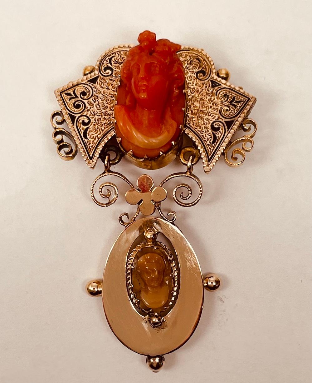 Mixed Cut Victorian Coral Cameo Brooch For Sale