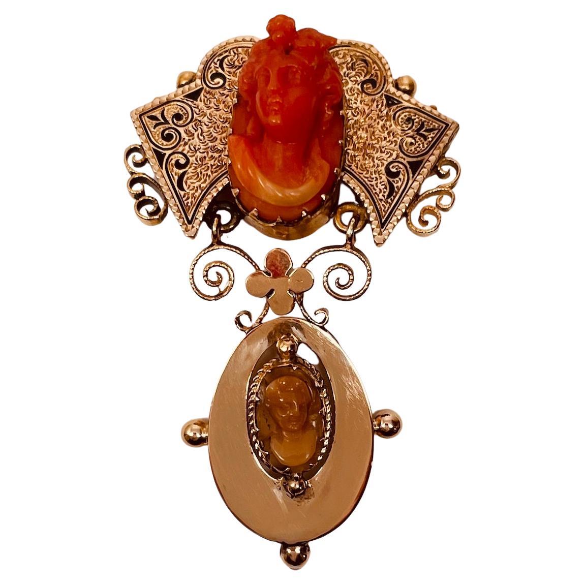 Victorian Coral Cameo Brooch For Sale
