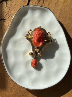 Victorian Coral Cameo Diana Goddess Brooch Archaeological Revival 14k Gold 1870s