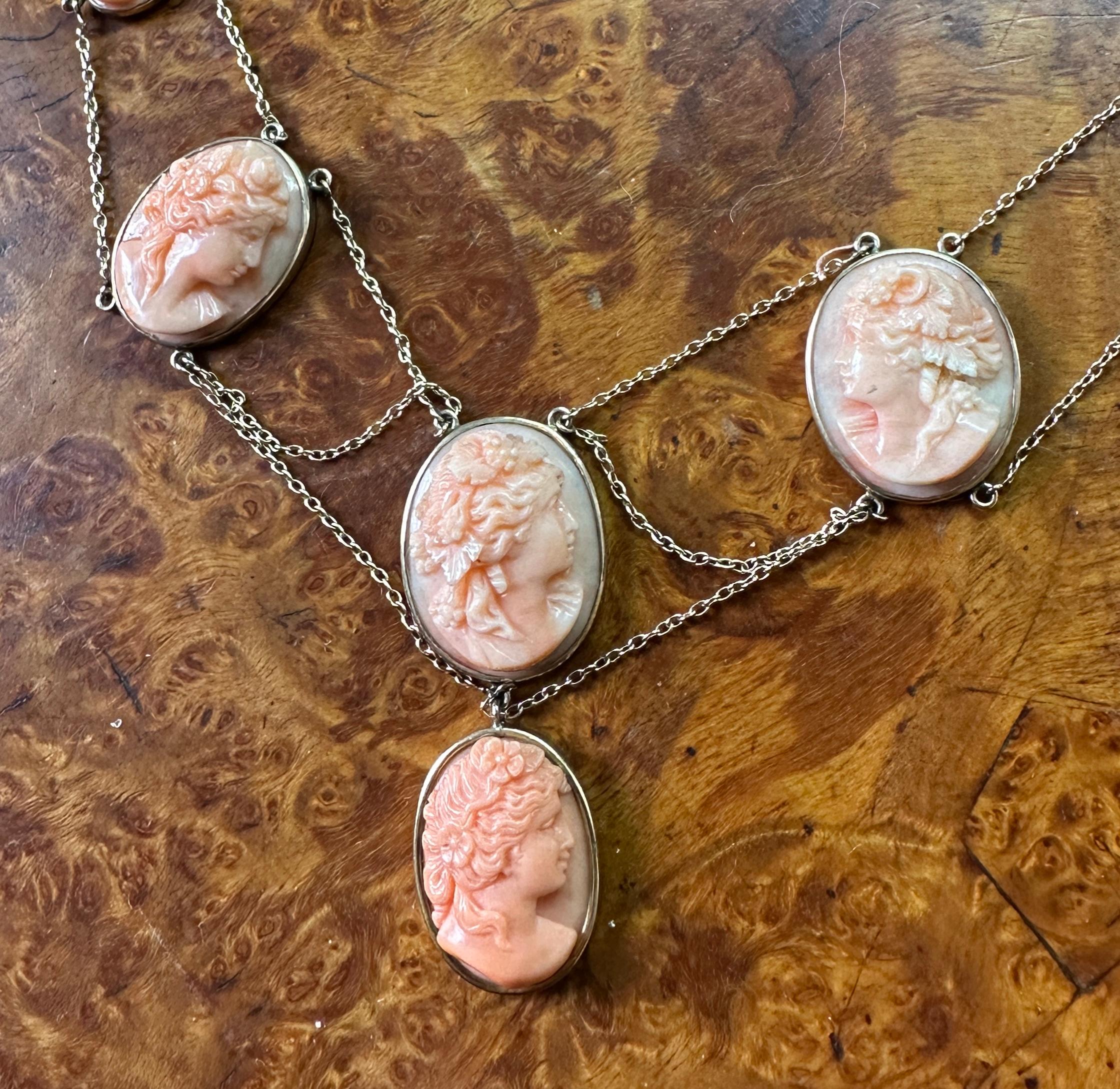 Portrait Cut Victorian Coral Cameo Festoon Necklace 14 Karat Gold Neoclassical Goddess Maiden For Sale