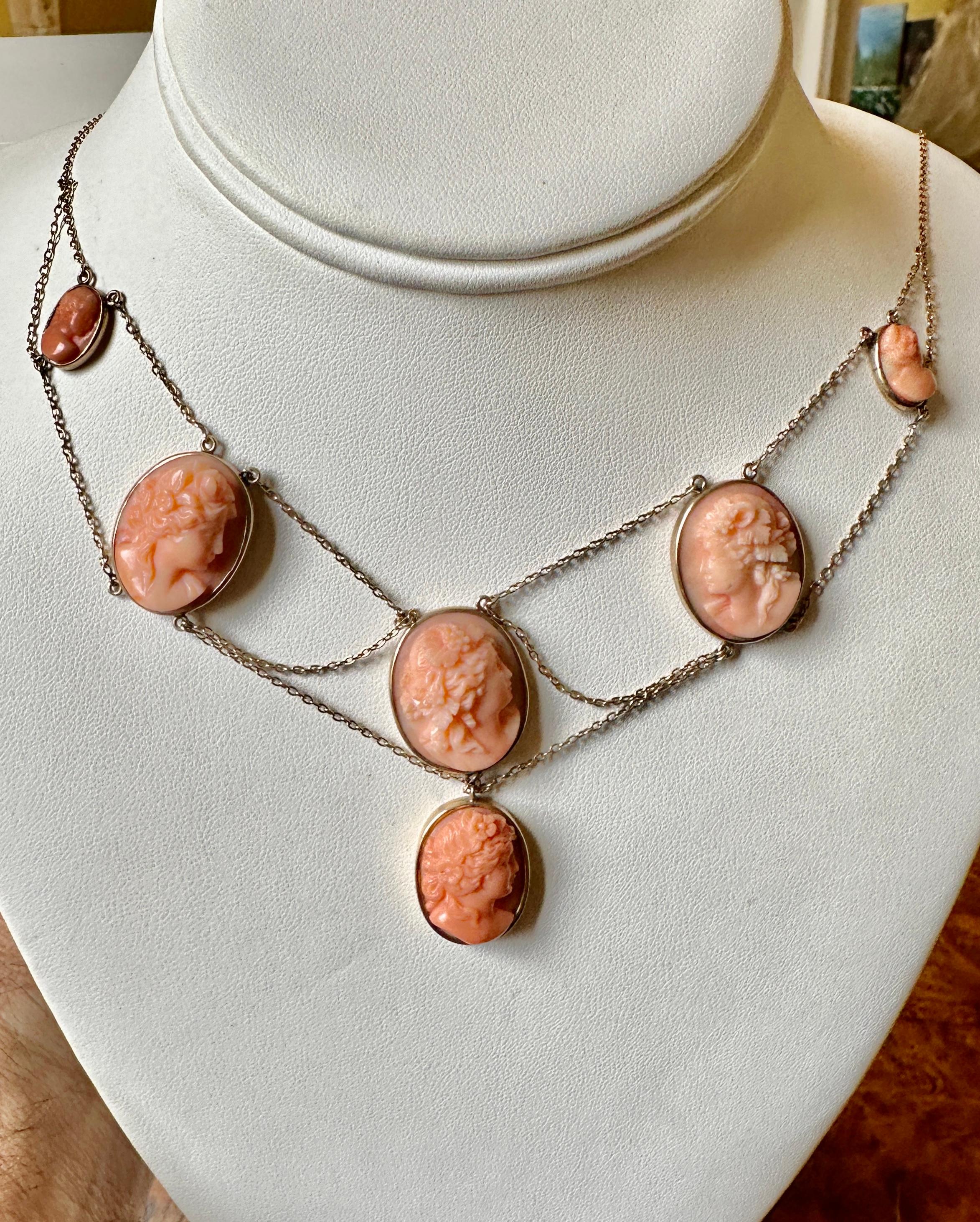 Victorian Coral Cameo Festoon Necklace 14 Karat Gold Neoclassical Goddess Maiden In Excellent Condition For Sale In New York, NY
