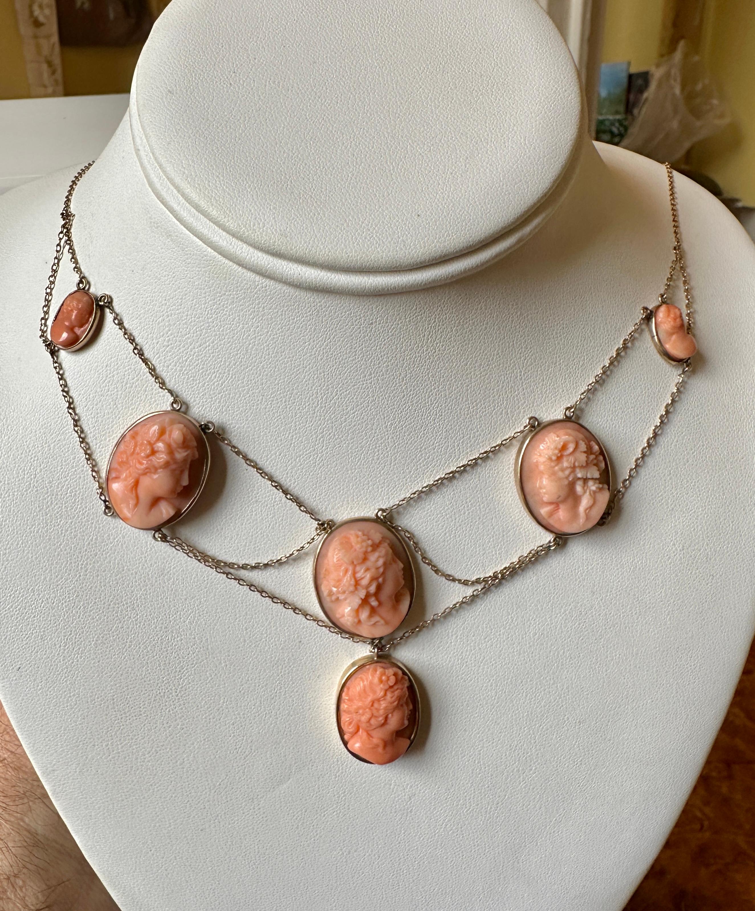 Women's Victorian Coral Cameo Festoon Necklace 14 Karat Gold Neoclassical Goddess Maiden For Sale