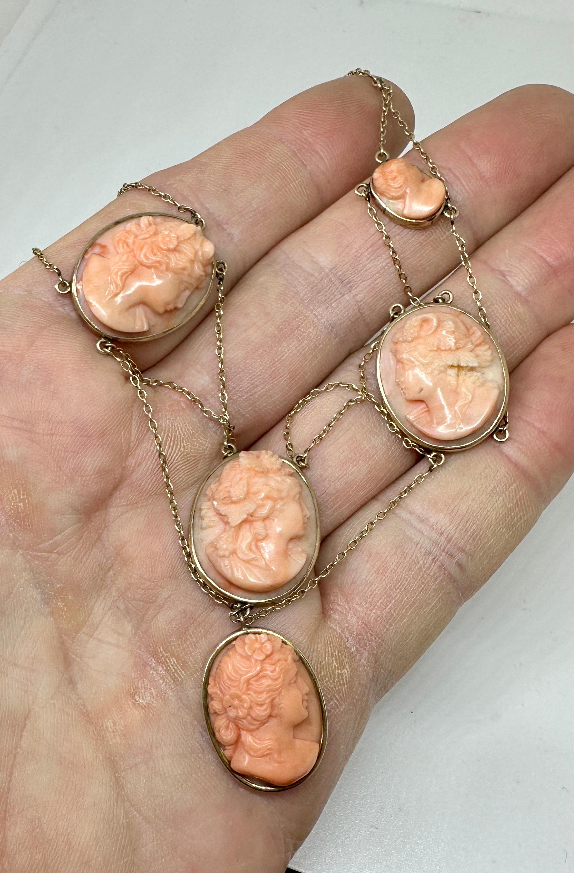Victorian Coral Cameo Festoon Necklace 14 Karat Gold Neoclassical Goddess Maiden For Sale 1