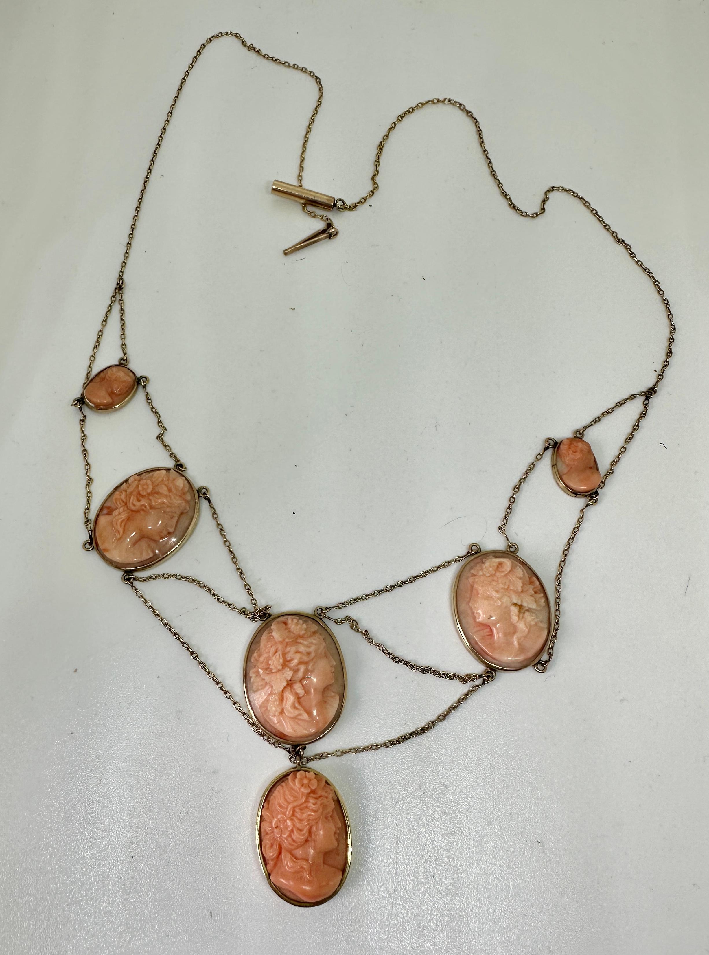 Victorian Coral Cameo Festoon Necklace 14 Karat Gold Neoclassical Goddess Maiden For Sale 2