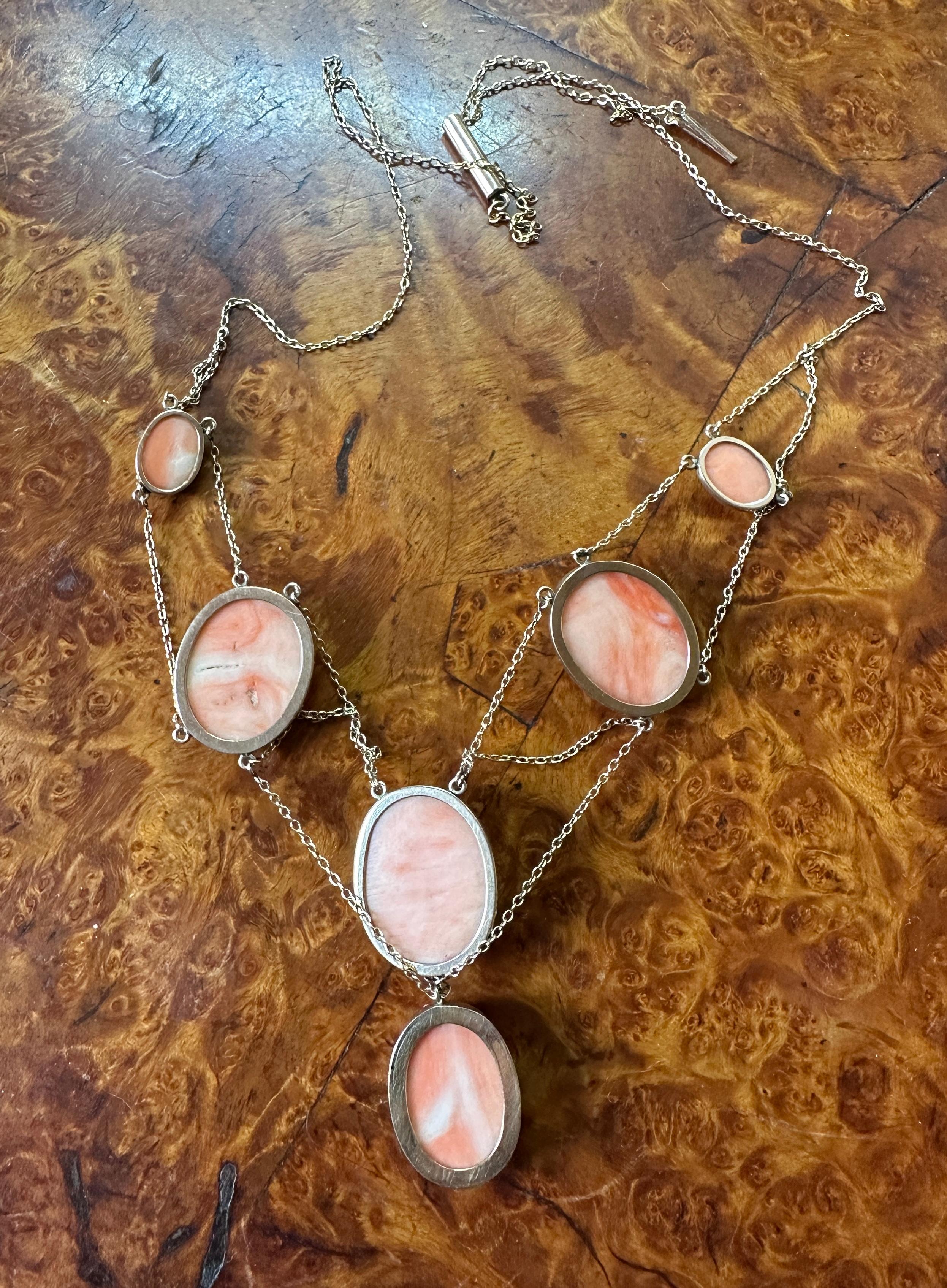 Victorian Coral Cameo Festoon Necklace 14 Karat Gold Neoclassical Goddess Maiden For Sale 3