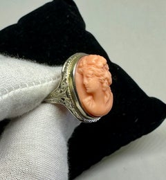 Victorian Coral Cameo Goddess Woman Ring 18 Karat White Gold Antique Neoclassic
