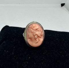 Victorian Coral Cameo Goddess Woman Ring 18 Karat White Gold Antique Neoclassic