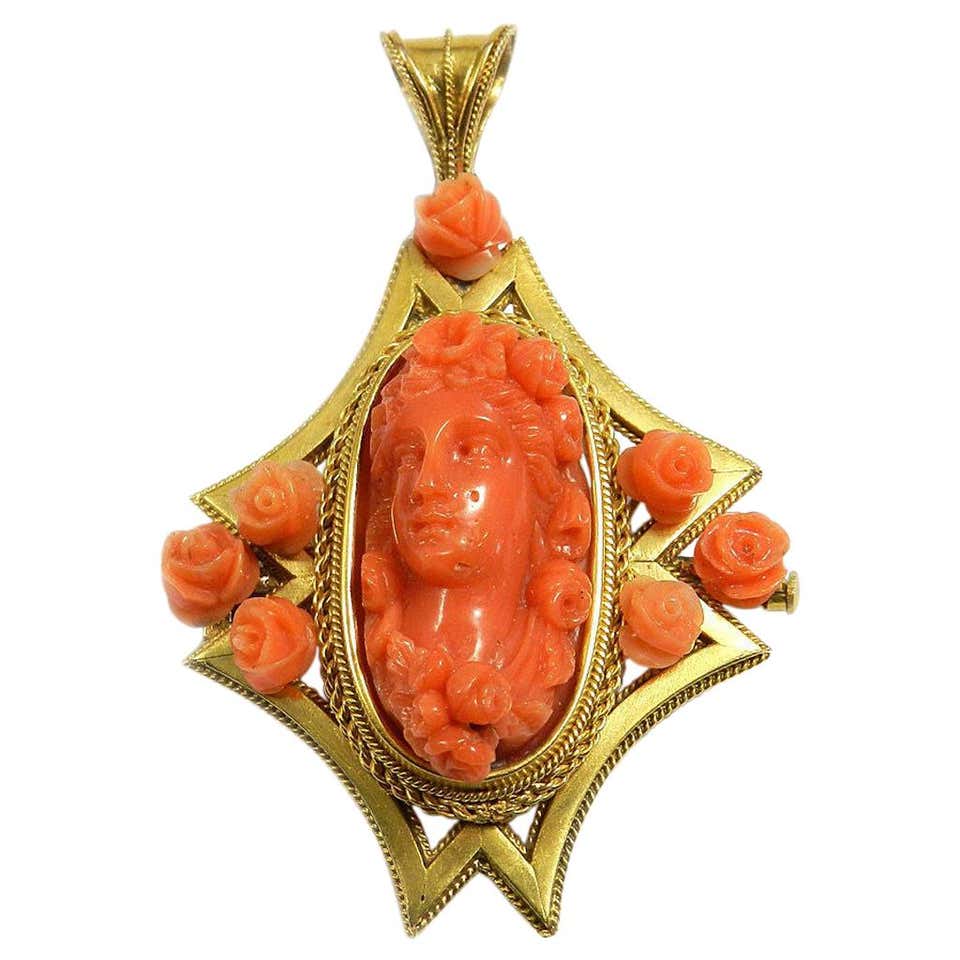 Victorian Coral Cameo Gold Brooch Pendant Goddess Flora, circa 1870 For ...