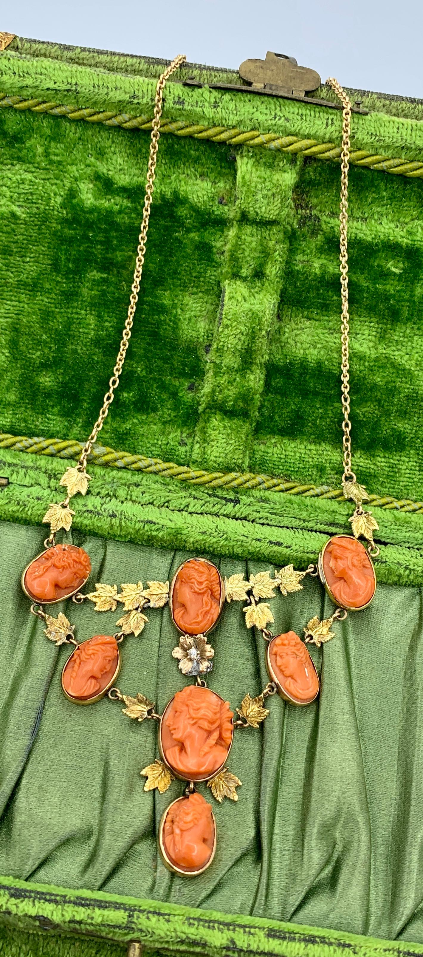 Victorian Coral Cameo OMC Diamond Necklace 14 Karat Gold Neoclassical Goddess For Sale 2