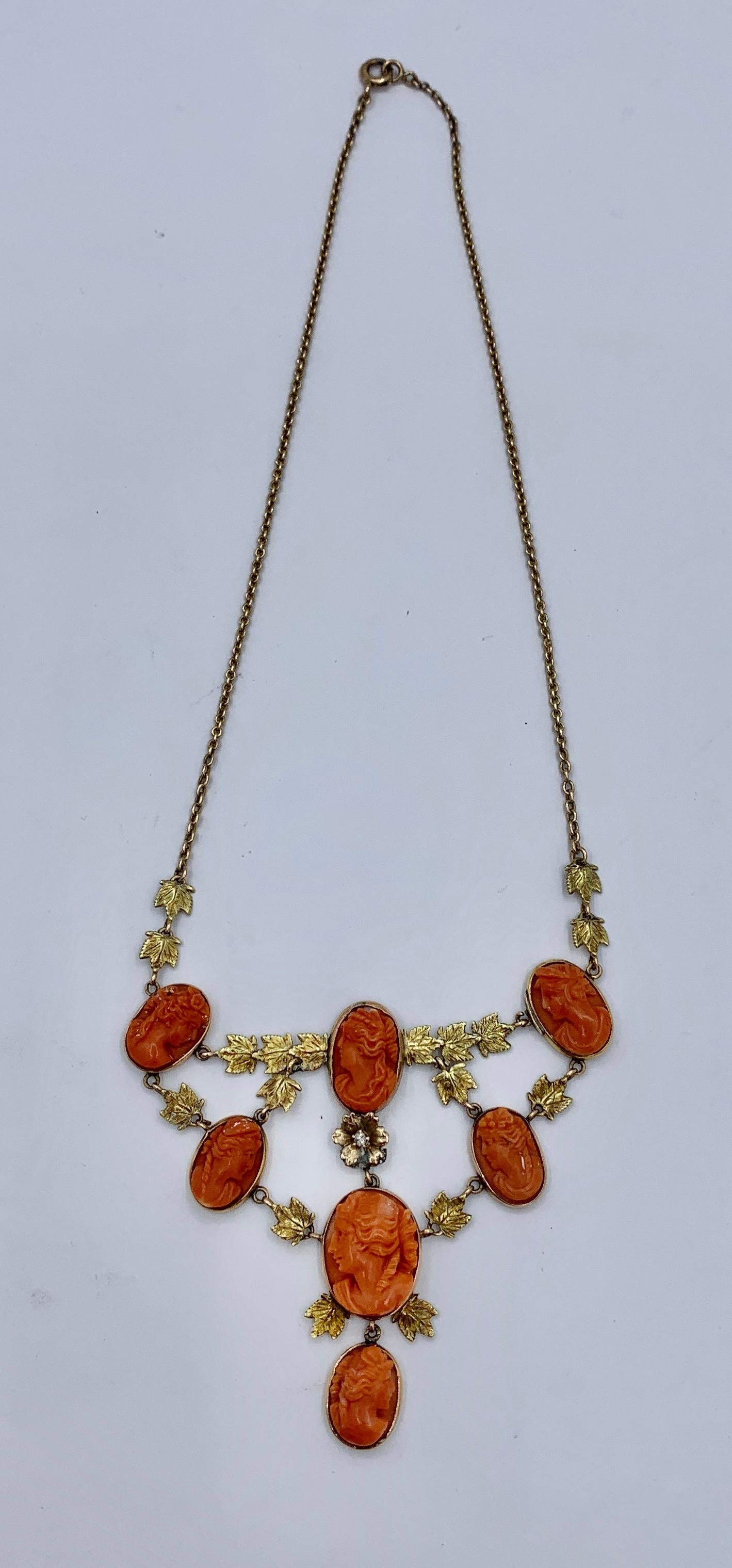 Victorian Coral Cameo OMC Diamond Necklace 14 Karat Gold Neoclassical Goddess In Excellent Condition For Sale In New York, NY