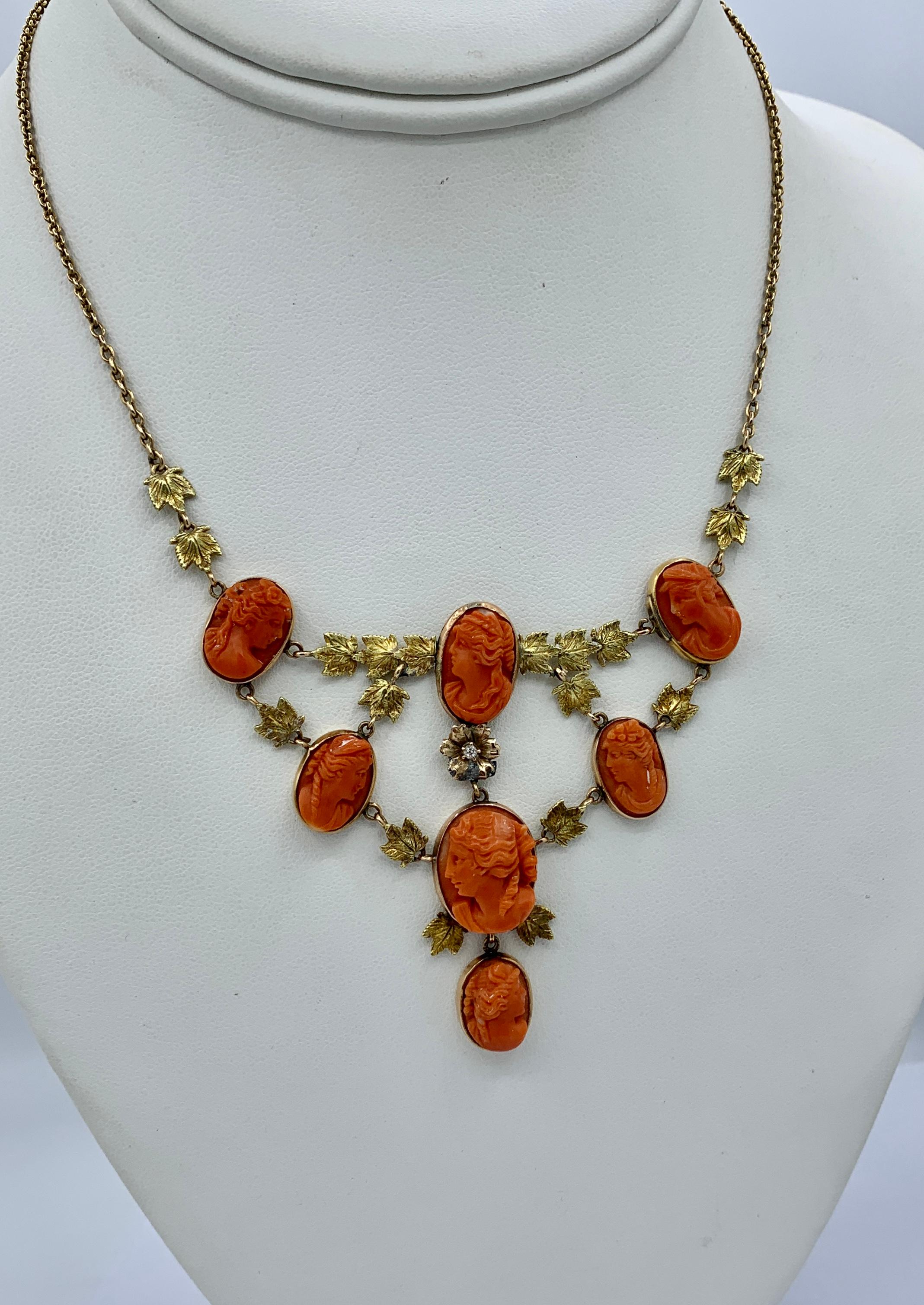 Women's Victorian Coral Cameo OMC Diamond Necklace 14 Karat Gold Neoclassical Goddess For Sale