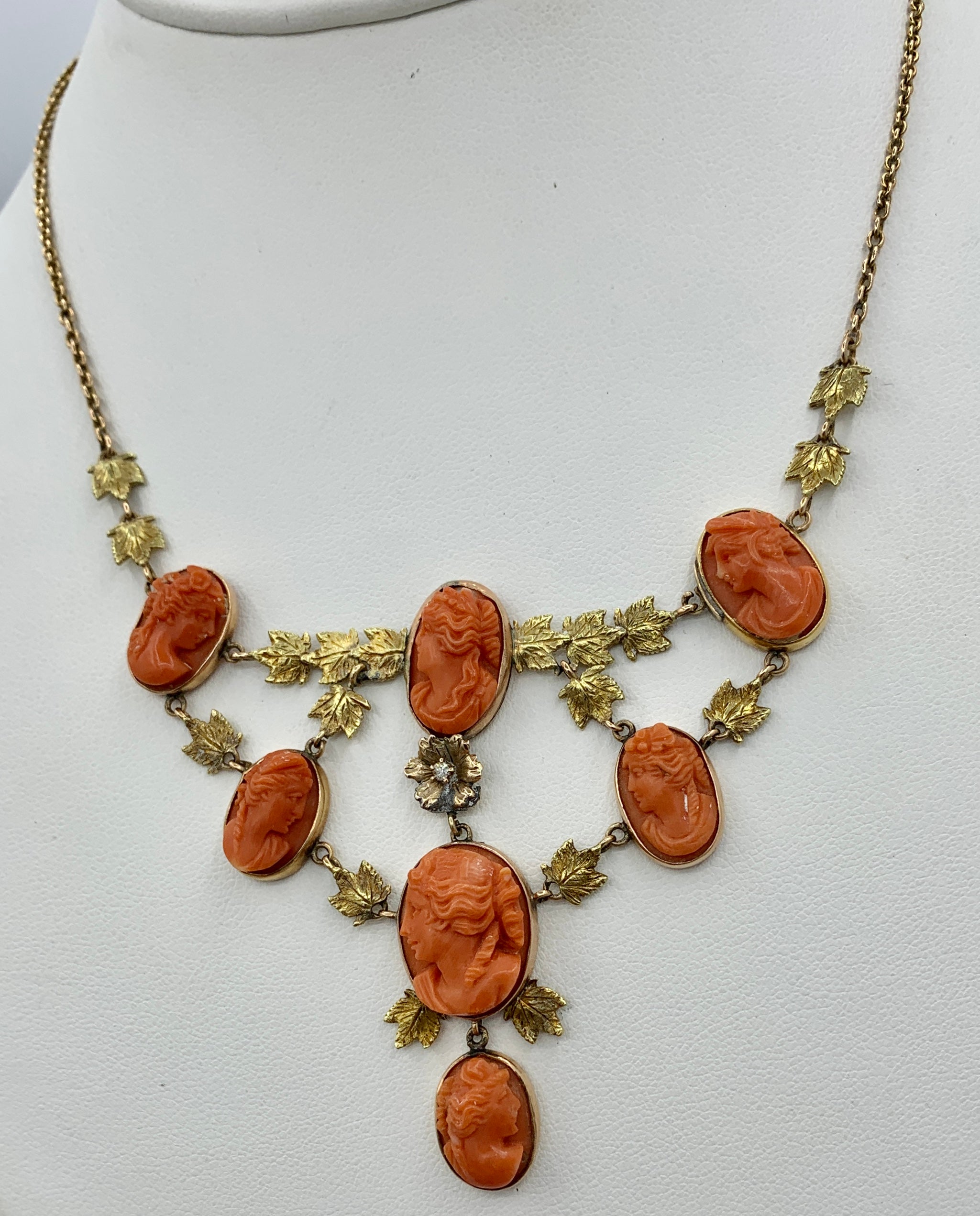 Victorian Coral Cameo OMC Diamond Necklace 14 Karat Gold Neoclassical Goddess For Sale 1