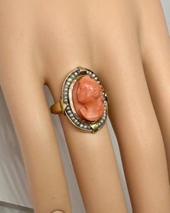 Victorian Coral Cameo Pearl Goddess Woman Ring 14 Karat Gold Antique Neoclassic