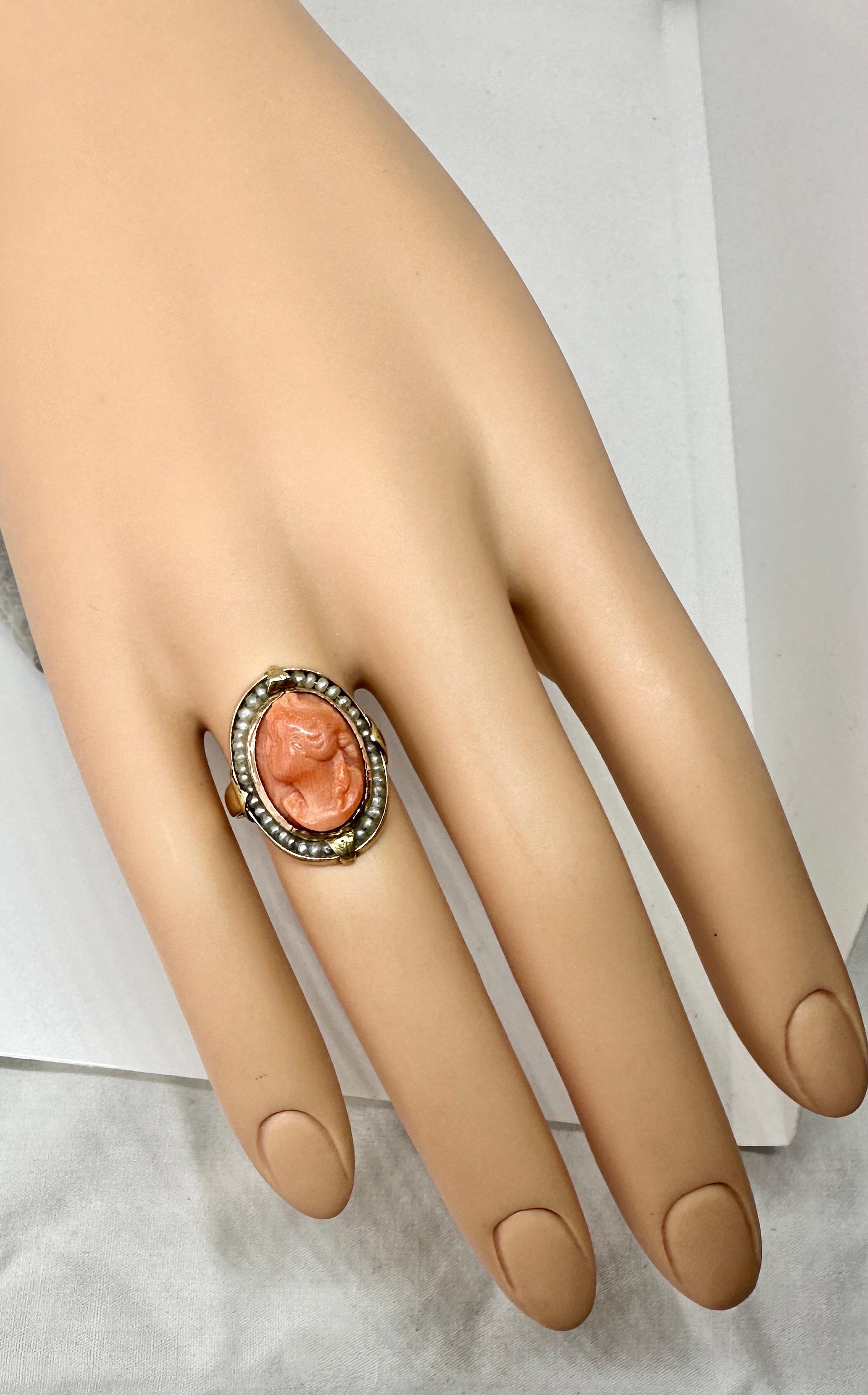 Portrait Cut Victorian Coral Cameo Pearl Goddess Woman Ring 14 Karat Gold Antique Neoclassic For Sale