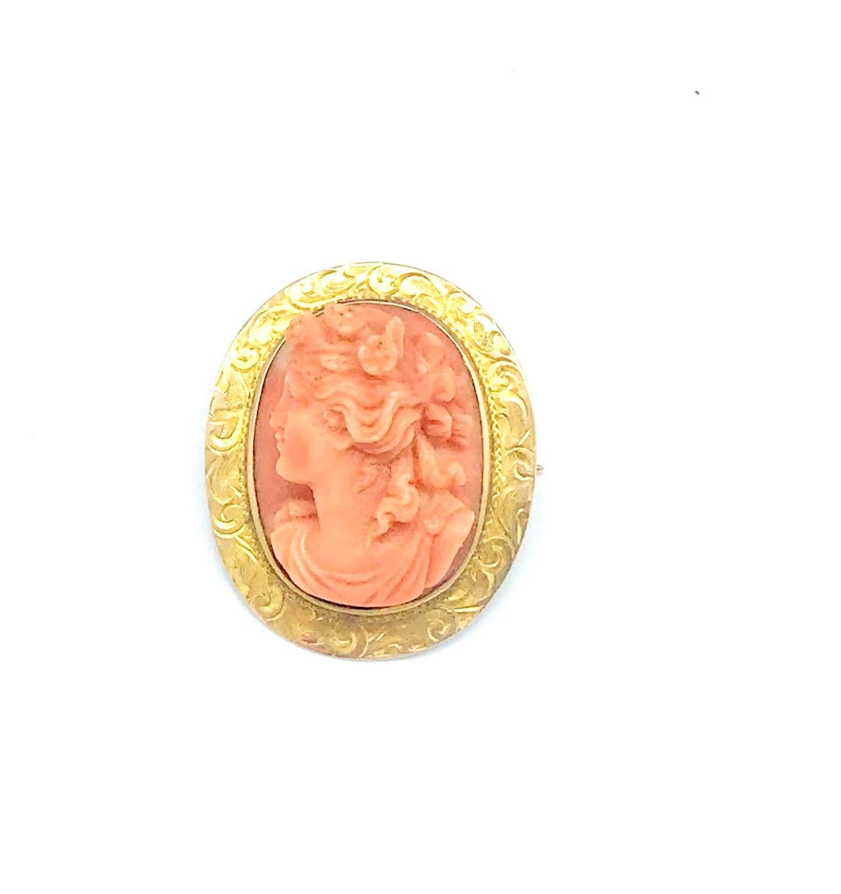 Early Victorian Victorian Coral Cameo Yellow Gold Pin