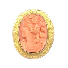 Victorian Coral Cameo Yellow Gold Pin