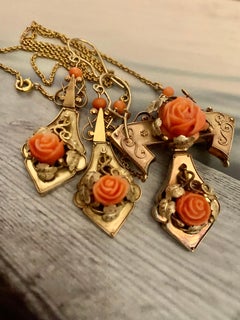 Victorian Coral Carved Roses 14 Karat Yellow Gold Necklace/Pin and Earrings Set