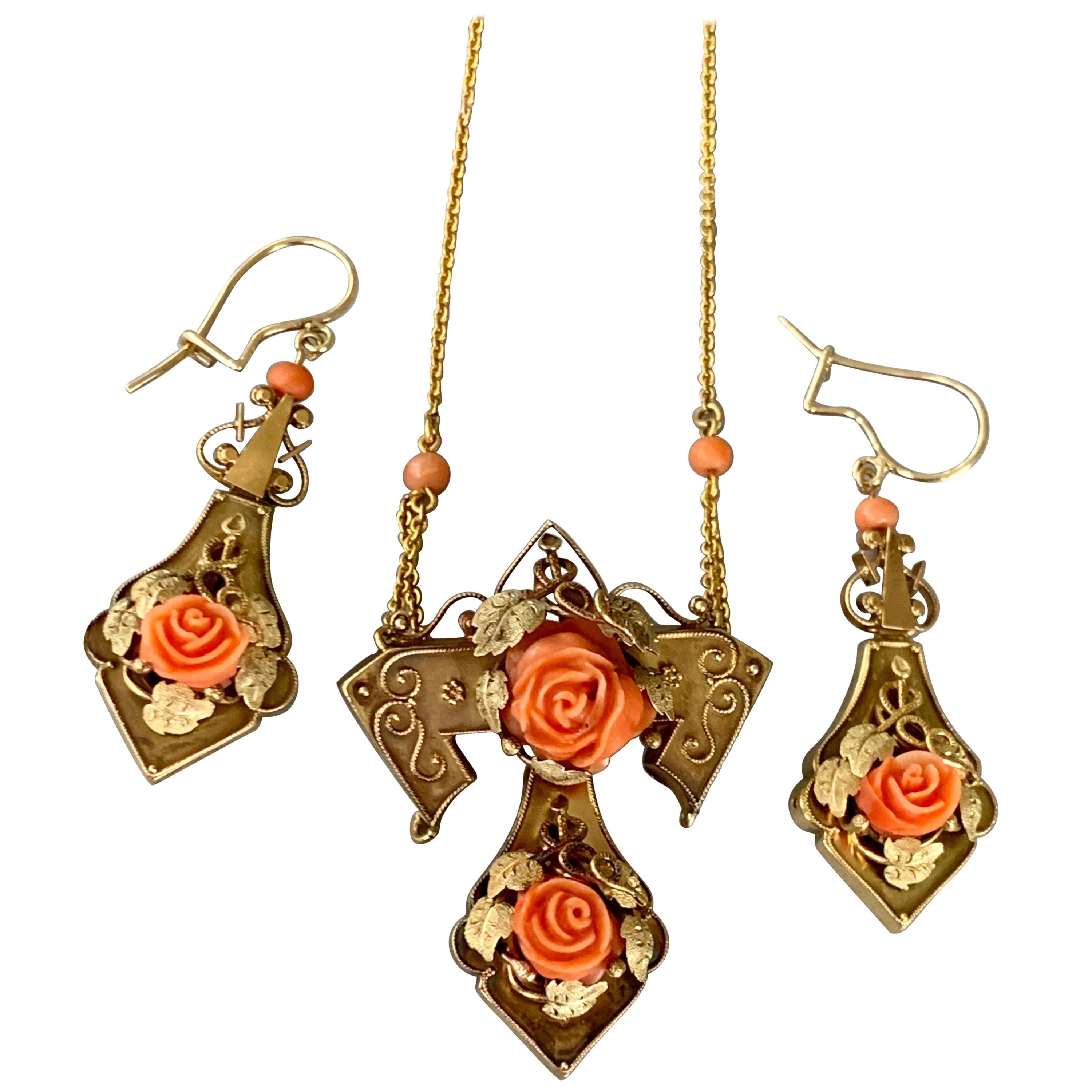 Victorian Coral Carved Roses 14 Karat Yellow Gold Necklace/Pin and Earrings Set For Sale