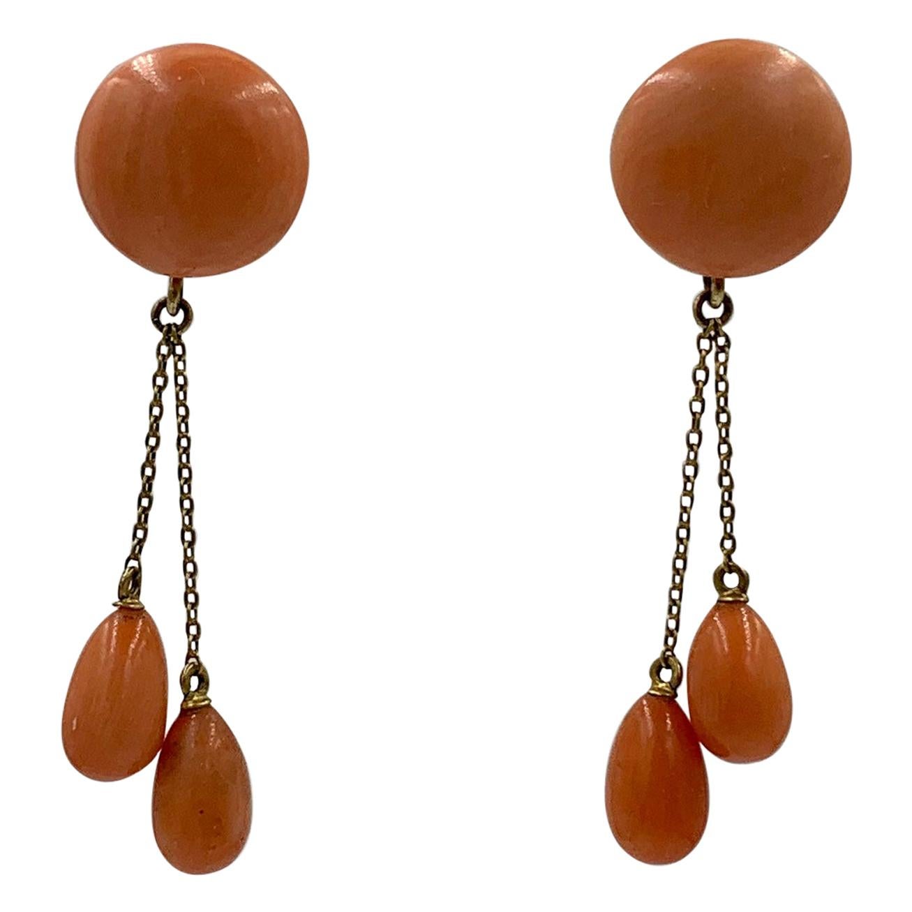 Victorian Coral Dangle Drop Earrings 14 Karat Gold