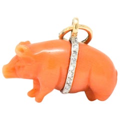 Antique Victorian Coral Diamond 18 Karat Gold Pig Charm