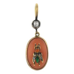 Victorian Coral, Diamond and Enameled Fly Earrings