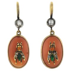 Victorian Coral, Diamond and Enameled Fly Earrings