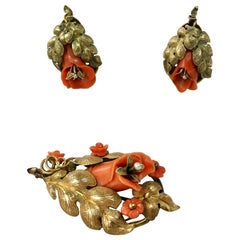 Victorian Coral Earrings And Brooch Flower Leaf Motif 14 Karat Gold Circa 1870
