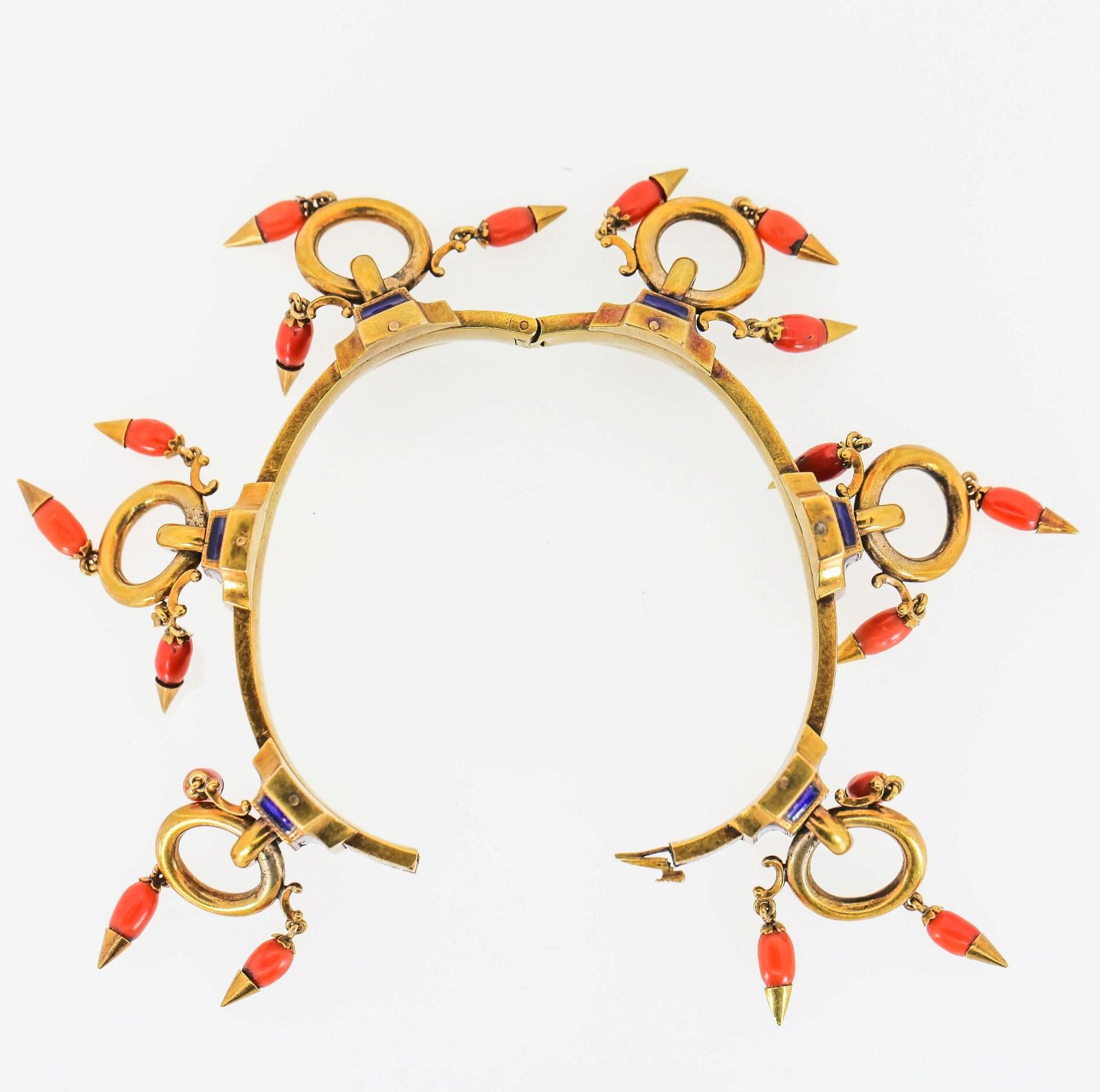 Women's or Men's Victorian Coral Enamel and Gold Bangle