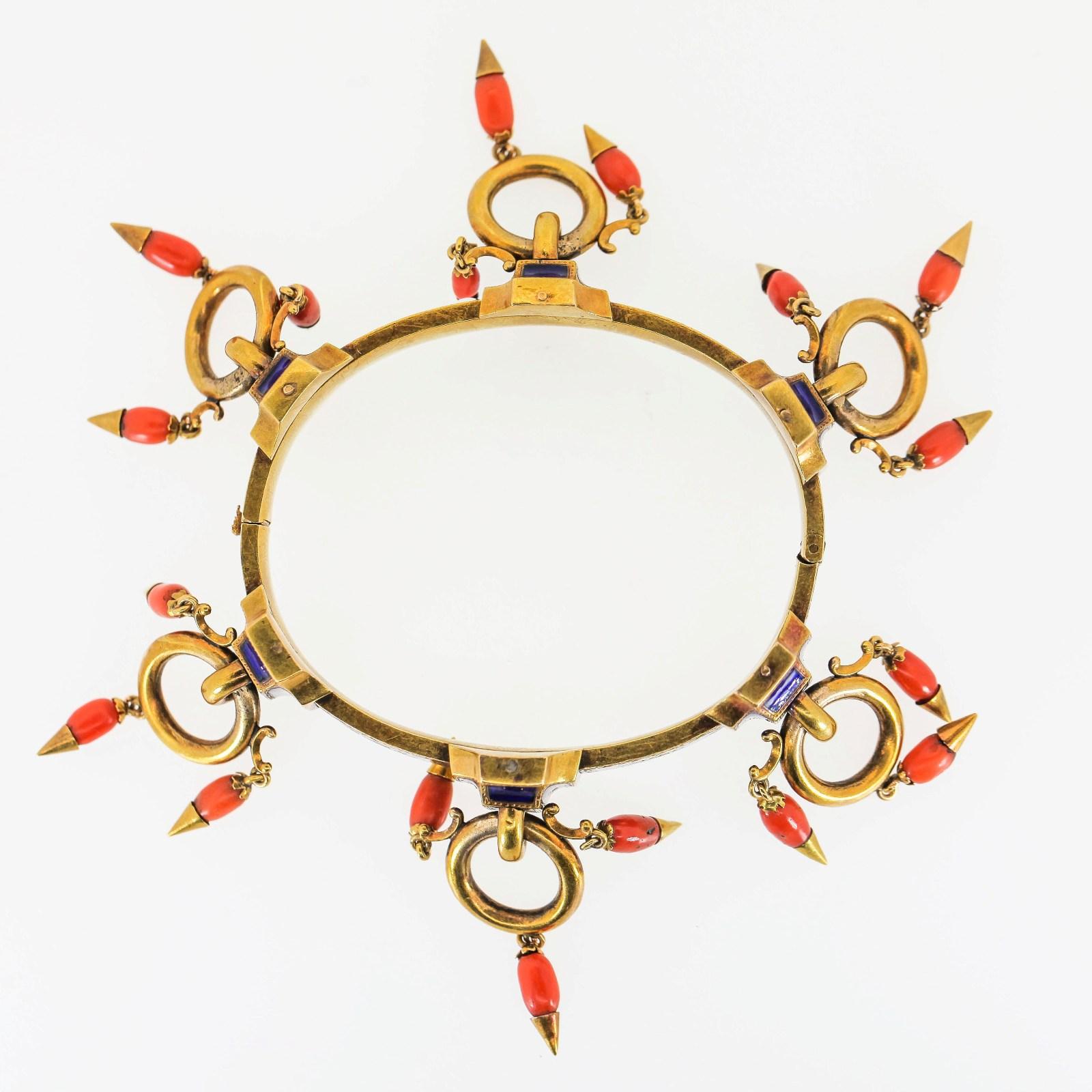 Victorian Coral Enamel and Gold Bangle 1