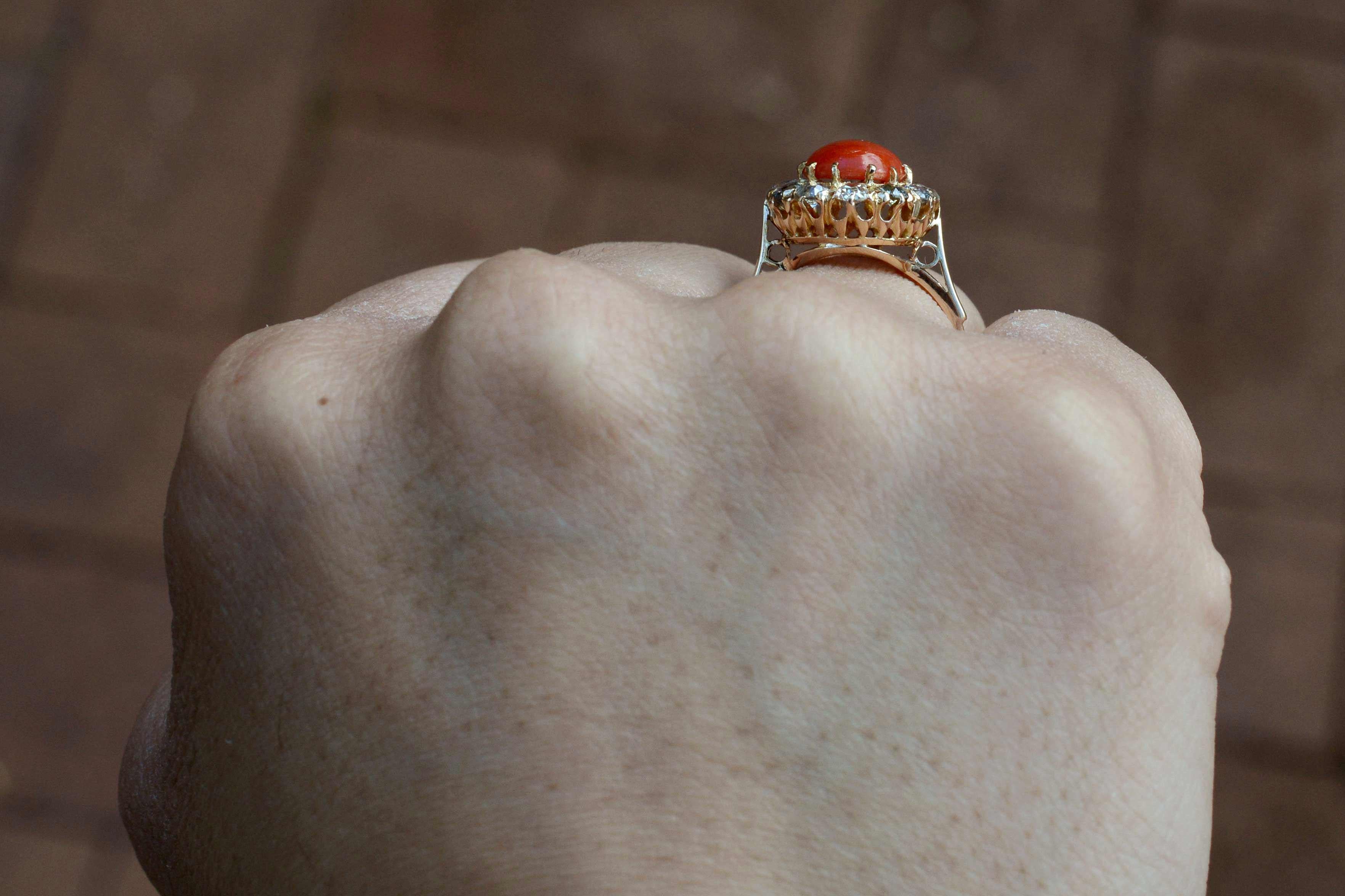 Oval Cut Vintage Victorian Coral And Diamond Engagement Ring