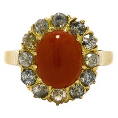 Victorian Coral Ring Oval Diamond Halo Antique 18 Karat Gold Cocktail Ring
