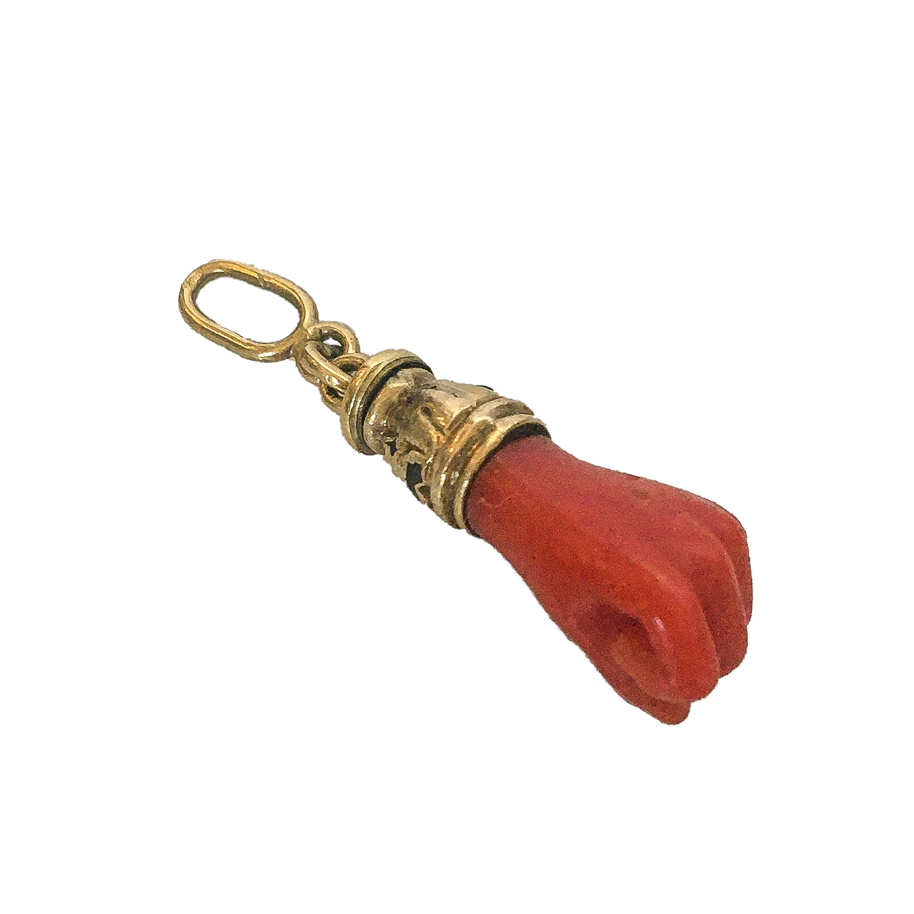 Revival Victorian Coral Figa Good Luck Amulet 14K Gold Charm Pendant