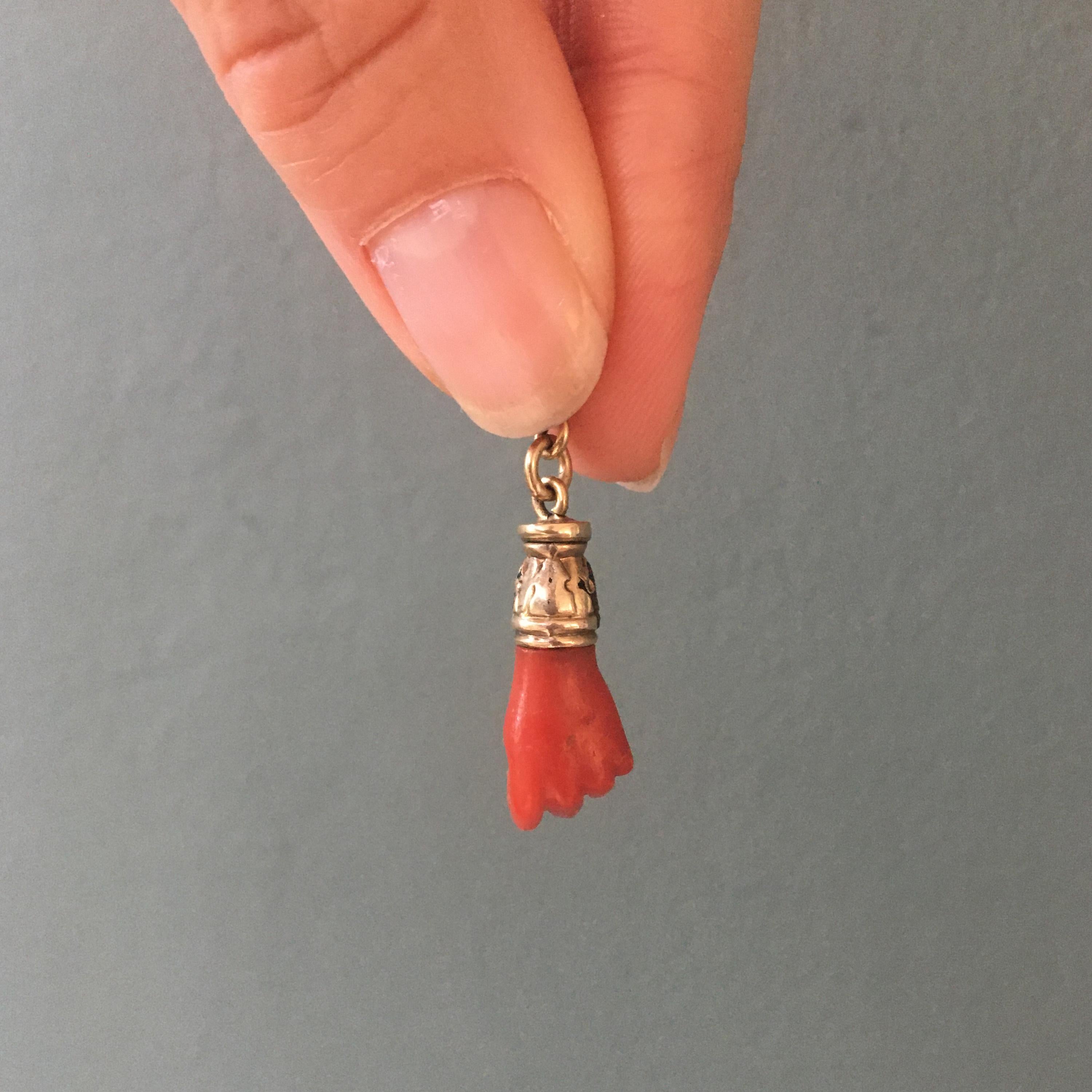 Mixed Cut Victorian Coral Figa Good Luck Amulet 14K Gold Charm Pendant