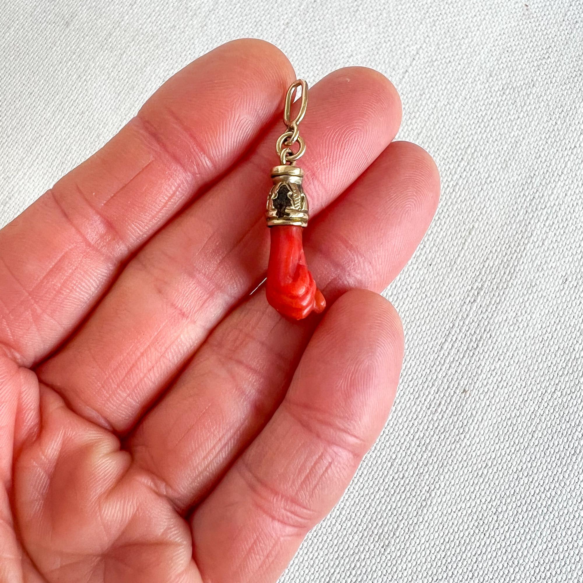 Women's or Men's Victorian Coral Figa Good Luck Amulet 14K Gold Charm Pendant
