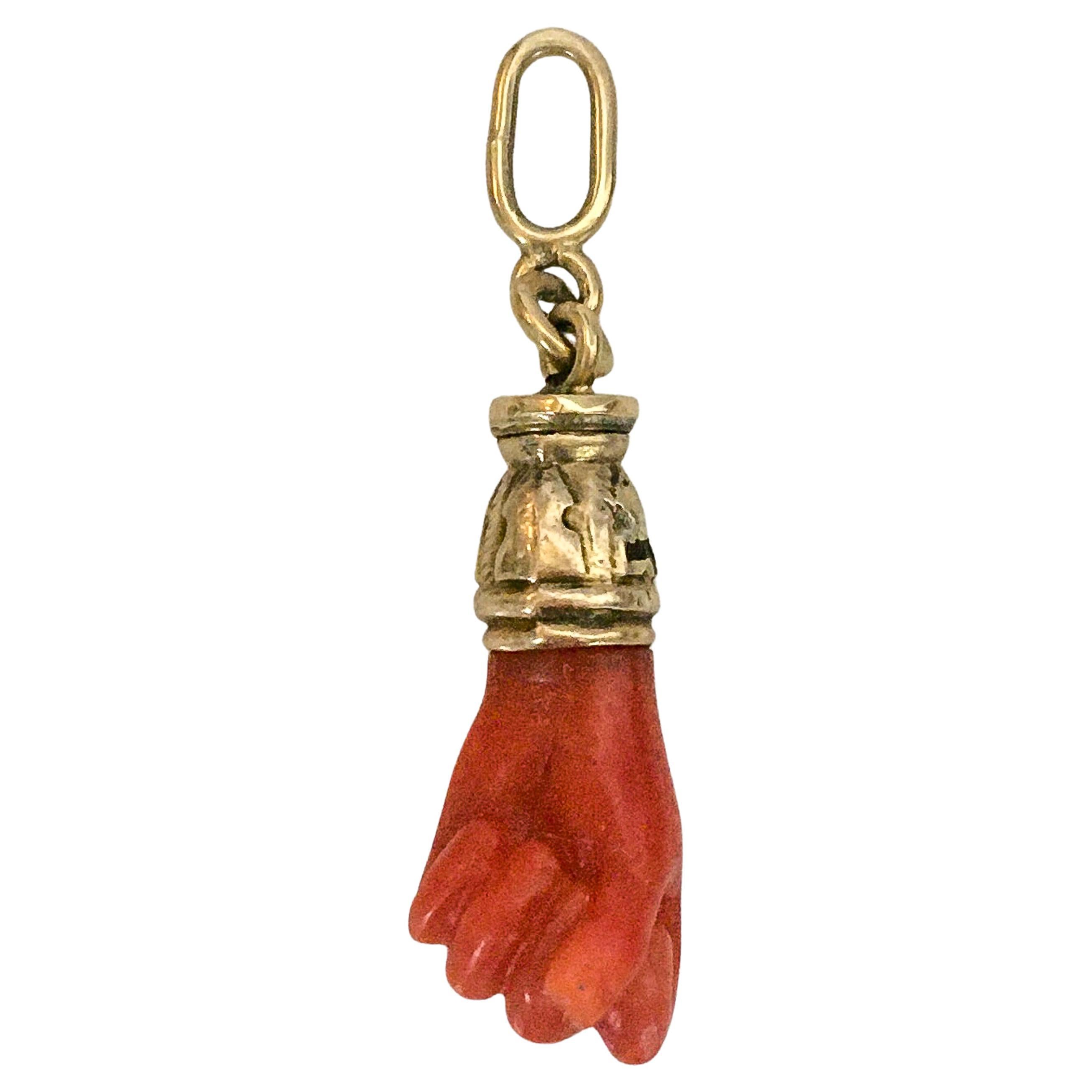 Victorian Coral Figa Good Luck Amulet 14K Gold Charm Pendant