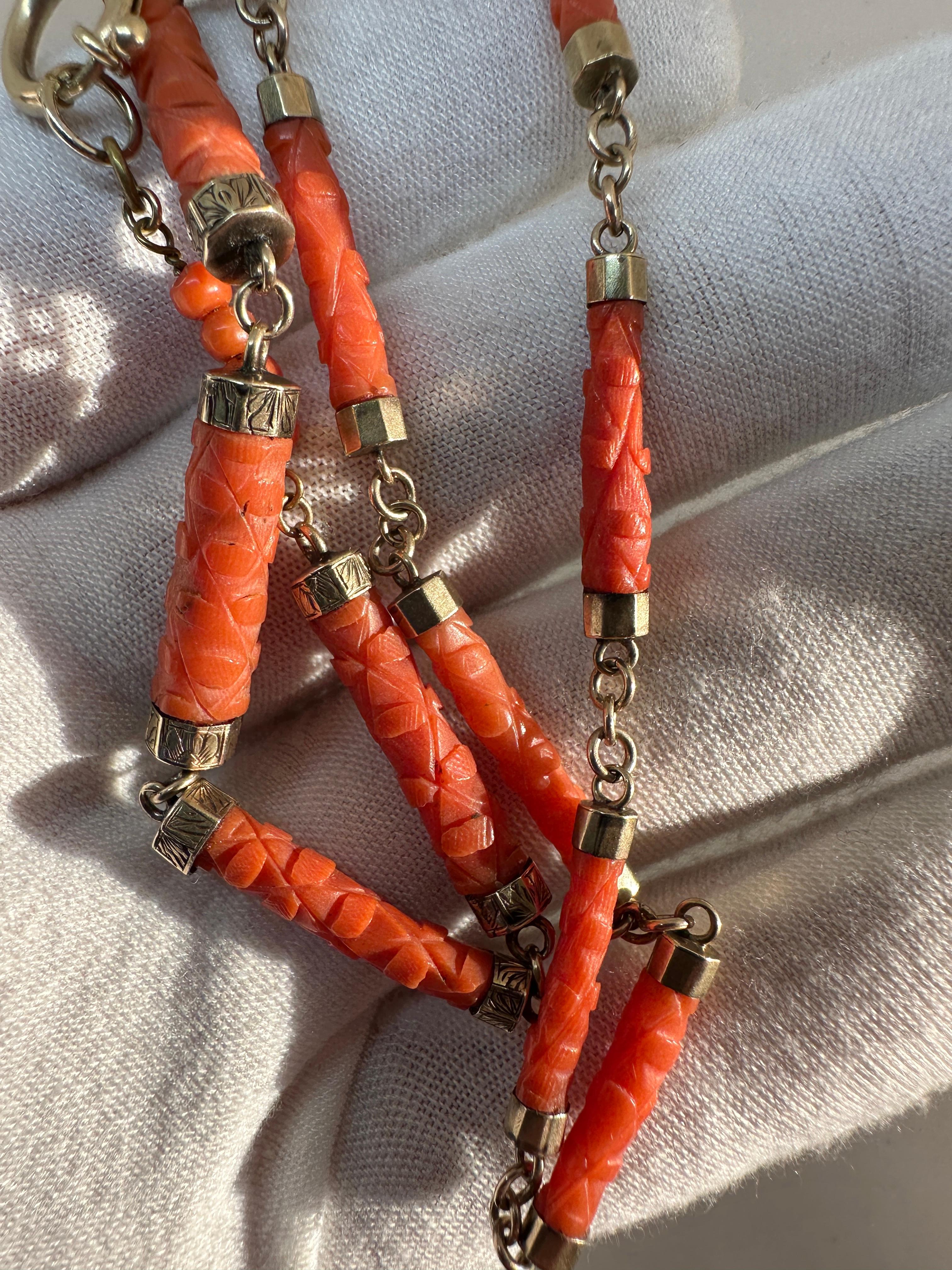 Women's or Men's Victorian Coral Flower Necklace Antique Gold 24 Inch Hand Carved Coral Jump Ring For Sale