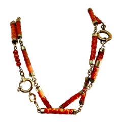 Collar Victoriano Flor de Coral Oro Antiguo 24 Pulgadas Anillo de Salto de Coral Tallado a Mano