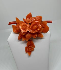 Victorian Coral Flower Pendant Brooch Hand Carved Circa 1880 Gold Rare Necklace